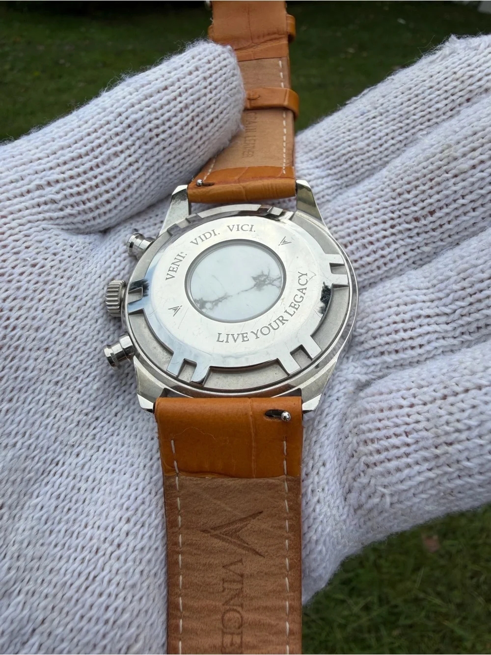 Vincero The Chrono S Men's Watch White Dial Italian Marble Back Leather Band